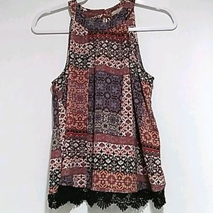 3 for $25. Patchwork patterned, black lacey bottom trim tank